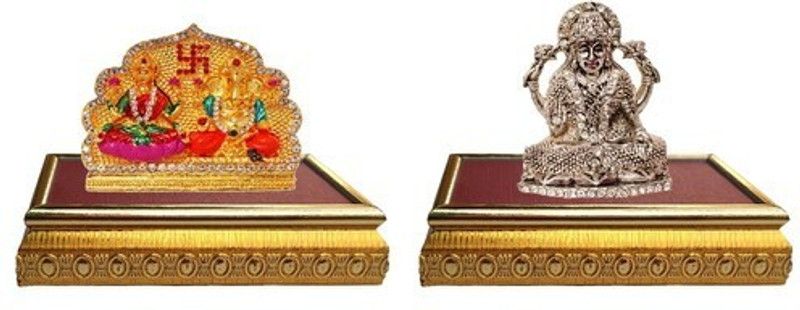 9facts Set of 2 with wooden base Goddess Laxmi & Lord Ganesha Idol God Statue & Goddess lakshmi / Laxmi & Idol God Statue Gift Item Decorative Showpiece  Decorative Showpiece - 7 cm  (Brass, Multicolor)
