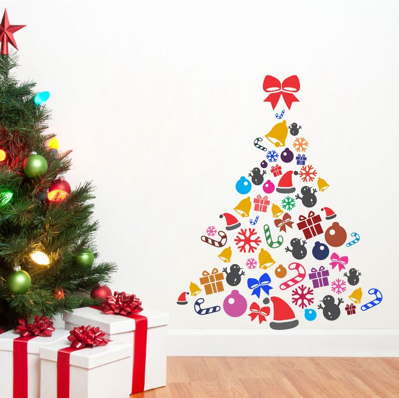 Psychedelic Collection 69 cm Christmas tree decoration with snowflakes cap gifts multicolor pvc vinyl wall sticker Self Adhesive Sticker  (Pack of 1)