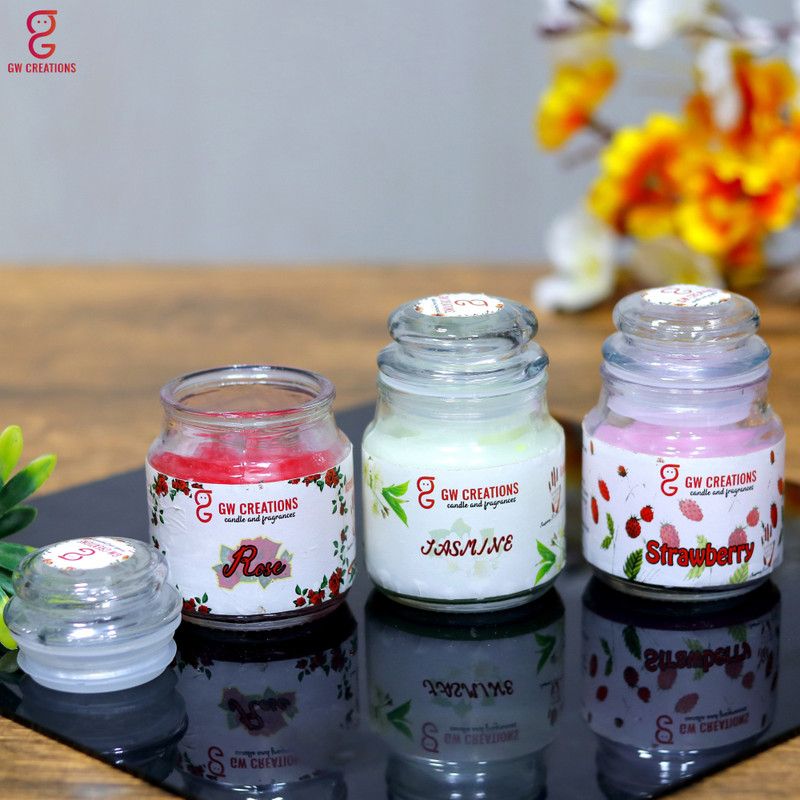 GW Creations Combo set of 3 Strawberry-Rose-Jasmine Yankee Jar Candle  (Pink, Green, Red, Pack of 3)