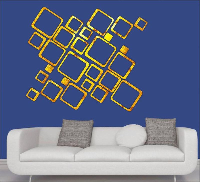RadhaKripa 151 cm 27 golden square 3D Acrylic Stickers Mirror Stickers Wall Stickers Self Adhesive Sticker  (Pack of 1)