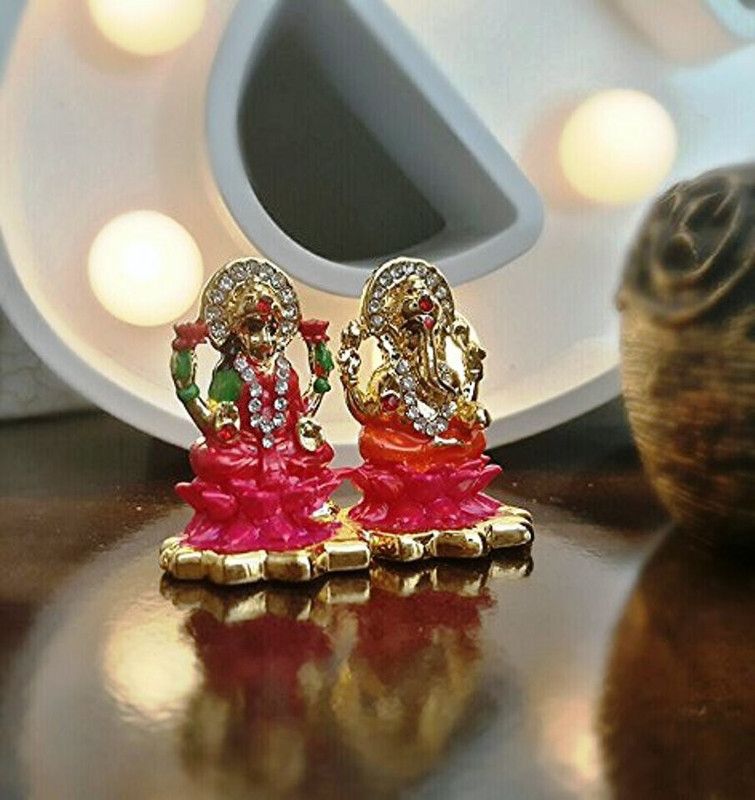 Itiha Lakshmi Ganesha on Lotus Decorative Showpiece - 8 cm  (Gold Plated, Gold, Pink)