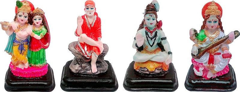 ART N HUB Set Of 4 Idol GOD Shiva /Sai Baba/Radha Krishna/Saraswati Statue Decorative Showpiece - 9 cm  (Earthenware, Multicolor)