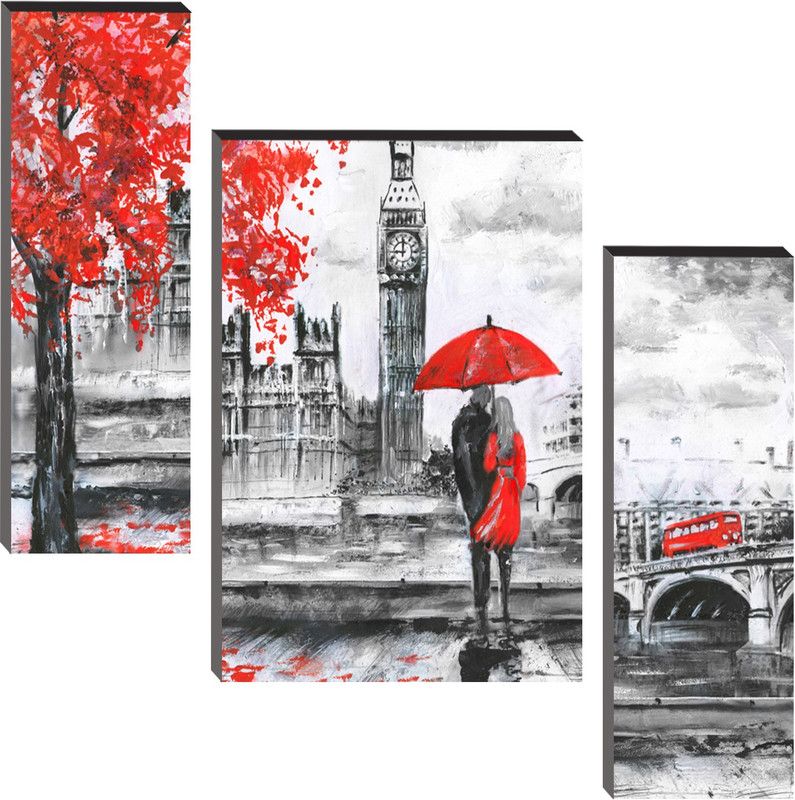 Masstone Romantic Couple London Street View Modern Art HD 3 Piece MDF Painting Digital Reprint 18 inch x 24 inch Painting  (With Frame, Pack of 3)