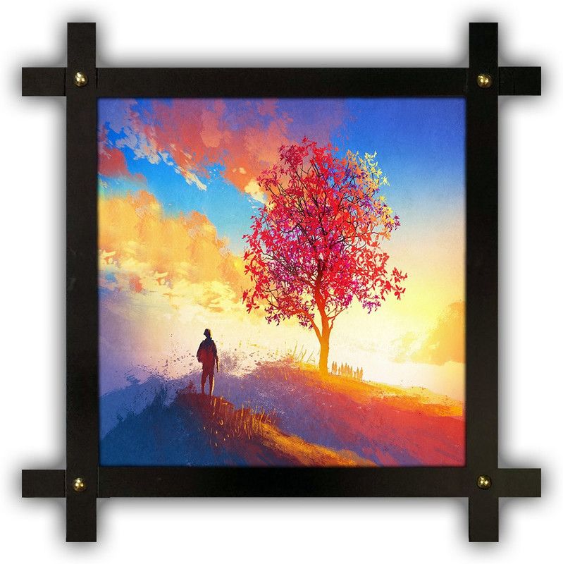 Poster N Frames Cross Wooden Frame Hand-Crafted with photo of Hand Painting Landscape Scenery 18050 Digital Reprint 16.5 inch x 16.5 inch Painting  (With Frame)