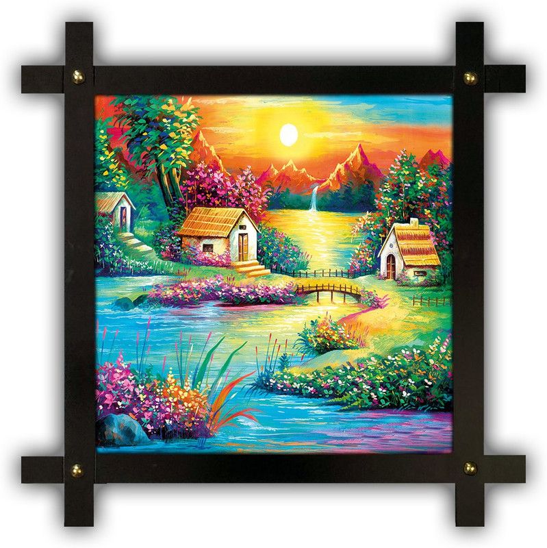 Poster N Frames Cross Wooden Frame Hand-Crafted with photo of Hand Painting Landscape Scenery 9734 Digital Reprint 16.5 inch x 16.5 inch Painting  (With Frame)