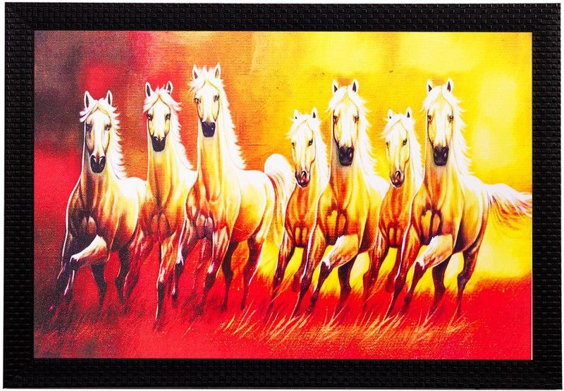 eCraftIndia Running Lucky Horses Canvas 14 Inch x 20 Inch Painting  (With Frame)