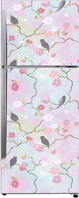 K2A Studio 60 cm pink flower and green leaves with birds extra large sticker Self Adhesive Sticker  (Pack of 1)