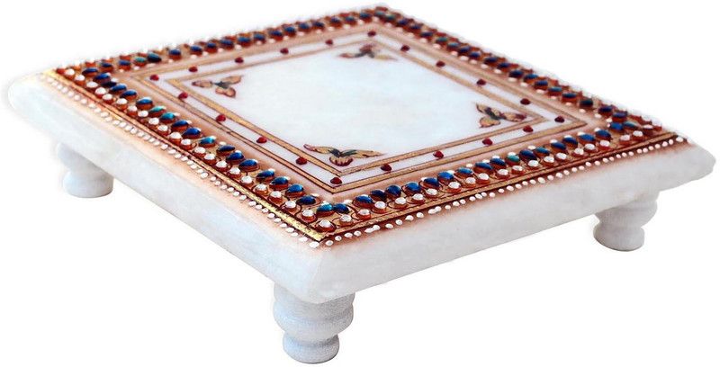 avenew Hand Made Pure White makrna Stone Embellished Kundans Marble Chowki Decorative Showpiece - 15.25 cm  (Marble, Multicolor)