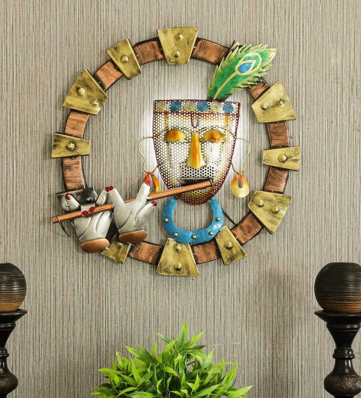 Craft Edge Iron Lord Krishna Frame with Led Lights Wall Hanging Showpiece Item for Home Decor  (17 inch X 2 inch, Brown, Green)