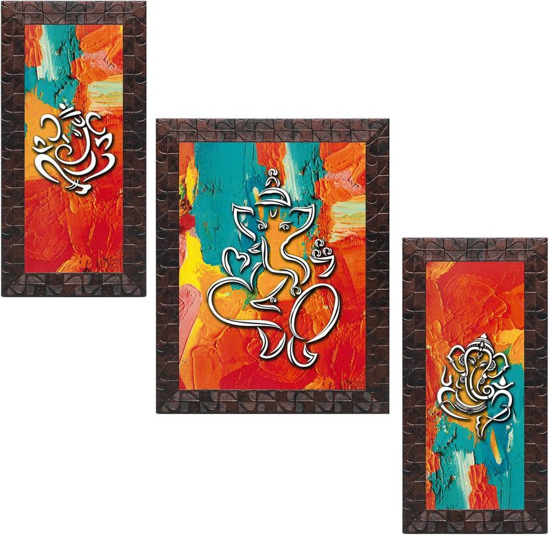 Indianara Indianara Set of 3 Lord Ganesha Framed Art Painting (3713GBNN) without glass (6 X 13, 10.2 X 13, 6 X 13 INCH) Digital Reprint 13 inch x 10.2 inch Painting  (With Frame, Pack of 3)