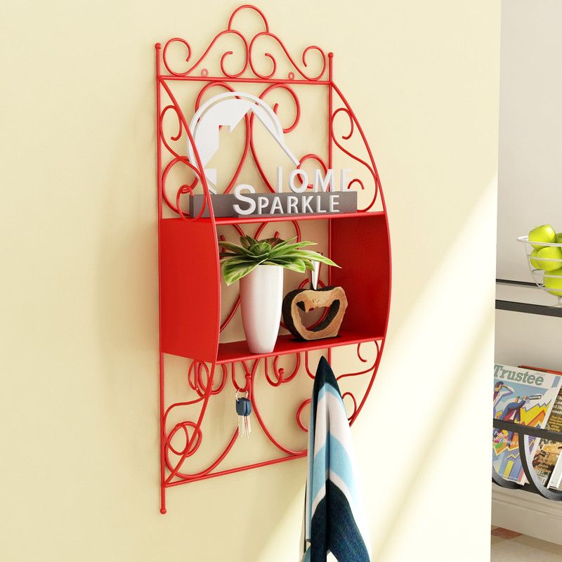 Wall shelf W/ Key Holder Iron Wall Shelf  (Number of Shelves - 1, Red)