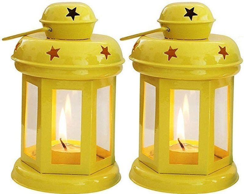 Grostar Iron 2 - Cup Tealight Holder Set  (Yellow, Pack of 2)