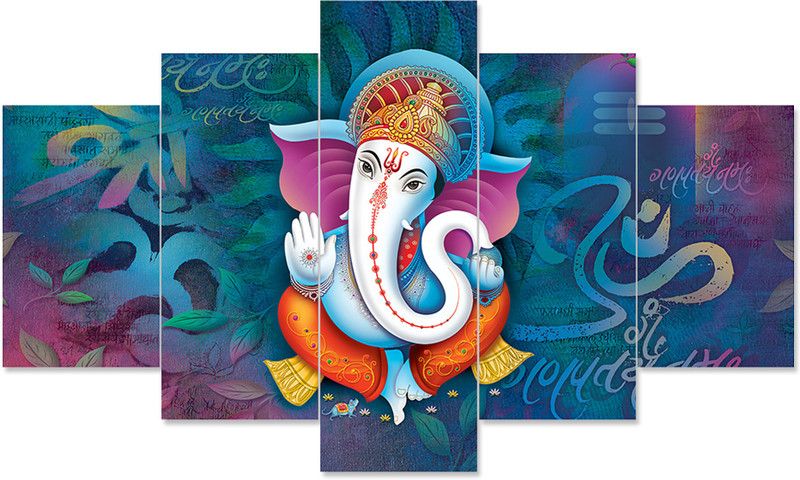 Seekingon Collection Set Of 5 Lord Ganesha Wall Paintings for Home Décor Diwali Wedding Gift Digital Reprint 17 inch x 30 inch Painting  (With Frame)