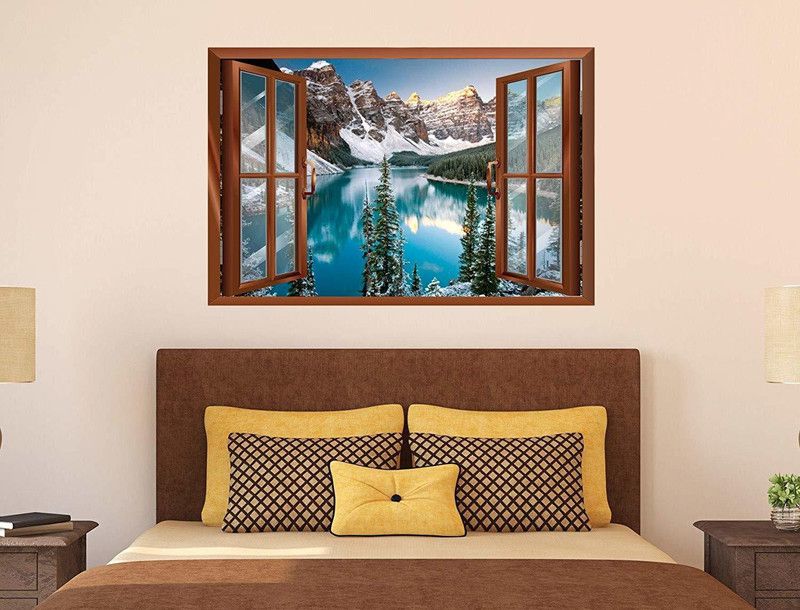 Asmi Collections 90 cm Beautiful Lake Mountain Nature Window Illusion Self Adhesive Sticker  (Pack of 1)