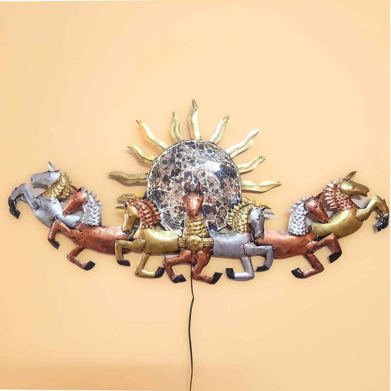 Apkamart Sun & Horse LED Wall Hanging - Wall Art Decor for Living Room Decorative Showpiece - 46 cm  (Iron, Multicolor)