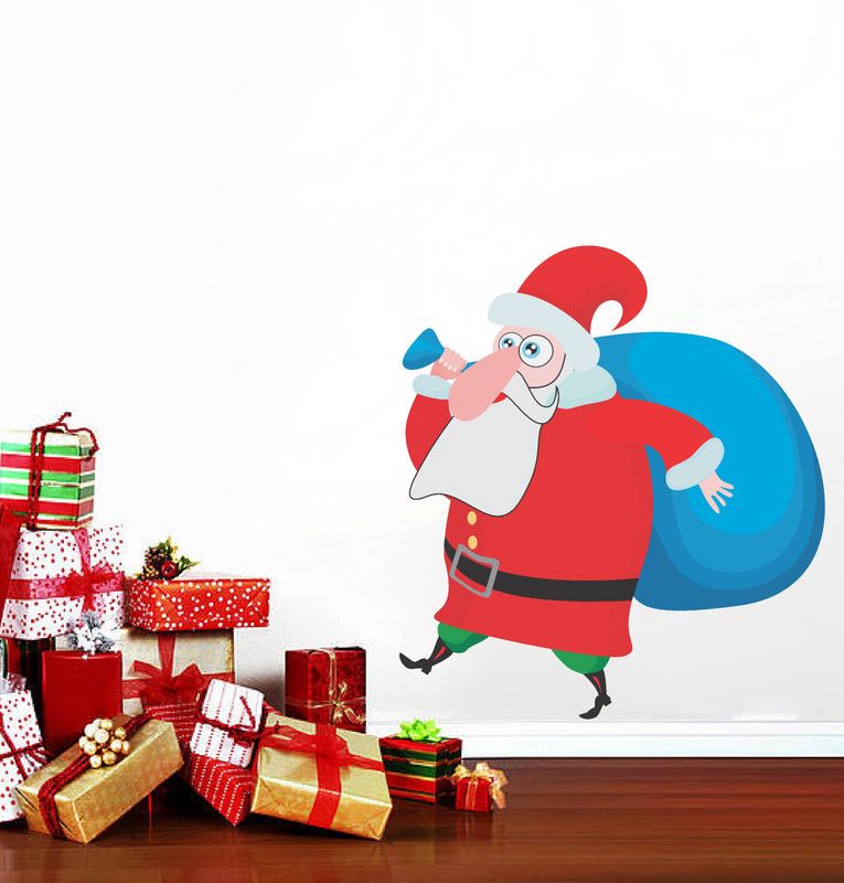 Psychedelic Collection 55 cm Santa claus with a bag of gifts multicolor pvc vinyl wall sticker Self Adhesive Sticker  (Pack of 1)