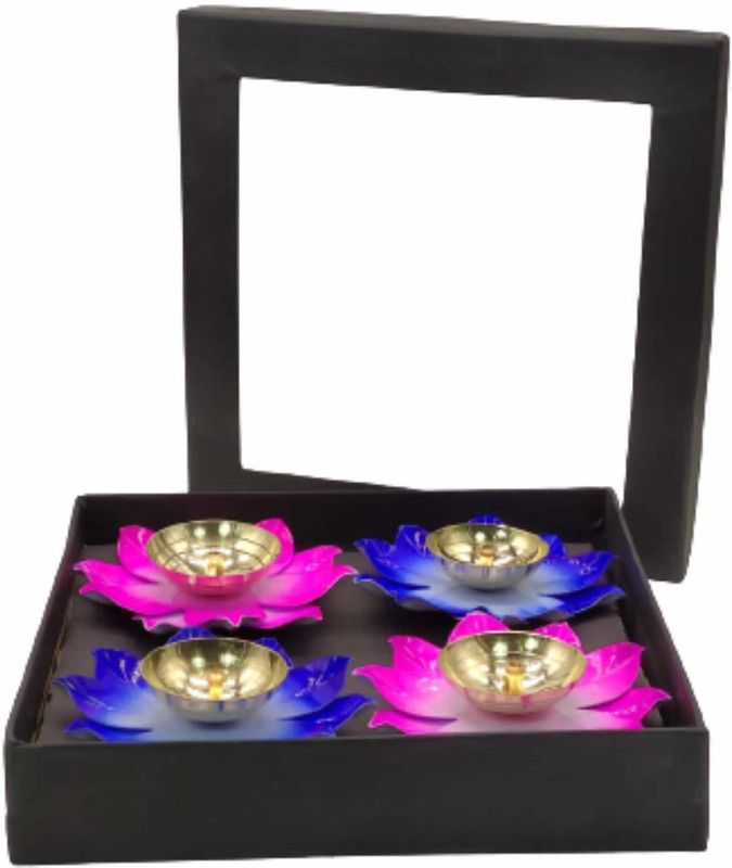 INDIA MEETS INDIA Brass Lotus Shape Akhand Jot Diya Kamal Patti Decorative Diya for Diwali Set of 4 with Box Brass (Pack of 4) Table Diya Set  (Height: 1.5 inch)