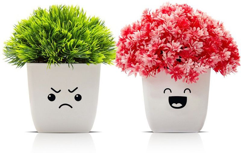Amputive Artificial Plant Cute Bushy Shrub Topiary Shrub with Lovely Face Pots for Home/Office/Balcony Décor-Set of 2-AN2 Green, Pink Cherry Blossom Artificial Flower with Pot  (4.7 inch, Pack of 2, Flower Bunch)