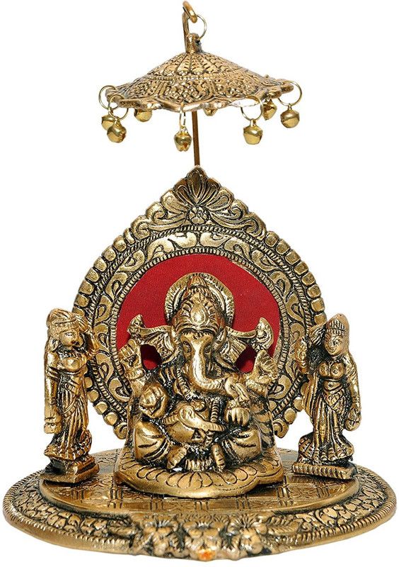 HOUZZPLUS Riddhi Siddhi Chhatra Ganesh Showpiece Metal Statue Decorative Showpiece - 18 cm  (Aluminium, Gold)
