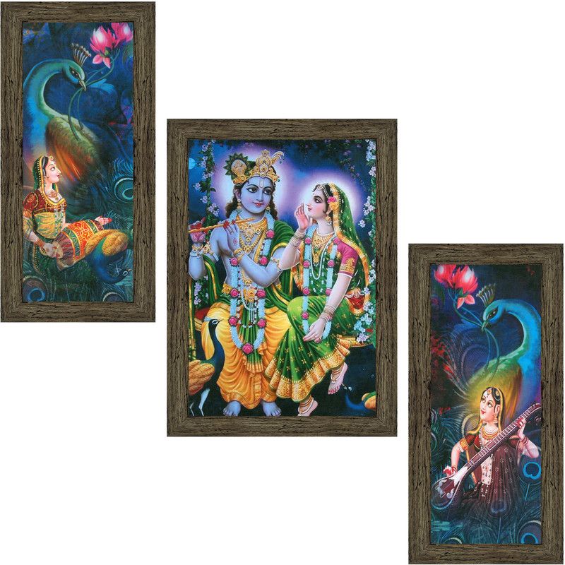 Indianara Set of 3 Radha Krishna with Peacocks Framed Art Painting (4173EBY) without glas Digital Reprint 13 inch x 10.2 inch Painting  (With Frame, Pack of 3)