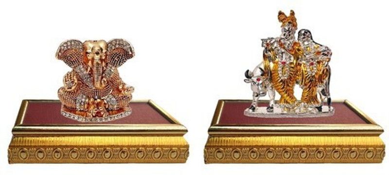 9facts Set of 2 with wooden base God Ganesh Idol Statue & Lord Radha Krishna & Cow / Radhey Krishan Couple Idol God Statue Decorative Showpiece Decorative Showpiece - 10 cm  (Brass, Multicolor)