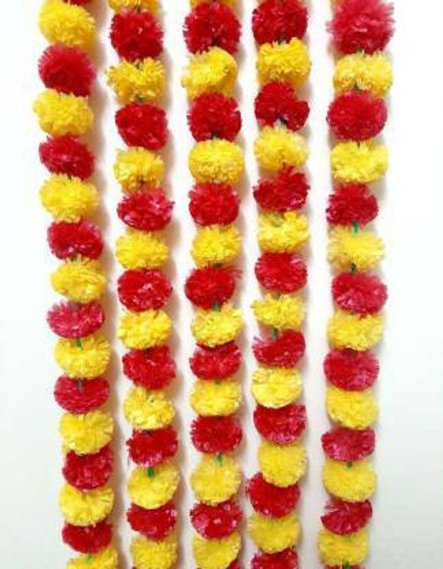 azmon Red, Yellow Marigold Artificial Flower  (55 inch, Pack of 19, Vine & Creepers)