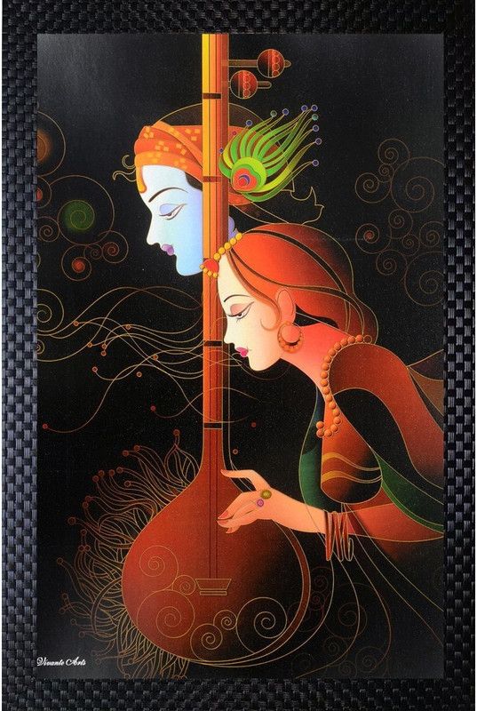 Janki Radha Krishna Playing Sitar Modern Art Wall Paintings Photo Frame Digital Reprint 20 inch x 14 inch Painting  (With Frame)