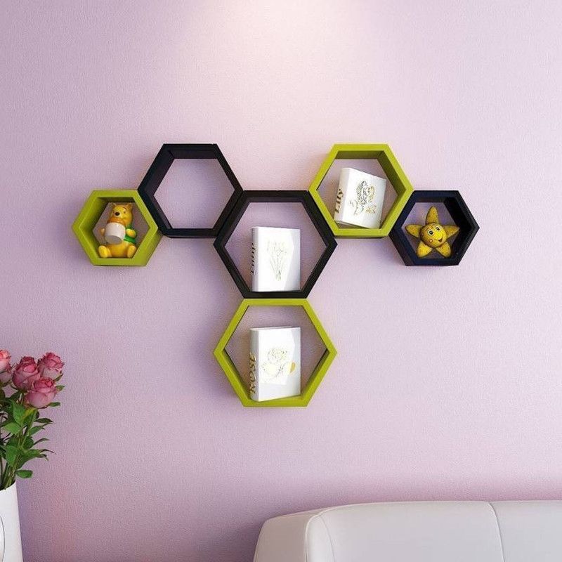 ANB Enterprises Wall shelf Hexagon shelves MDF Wall hanging ,floating , mounted , decorative , Home For :- living room and bedroom & office MDF (Medium Density Fiber) Wall Shelf  (Number of Shelves - 6, Black, Green)