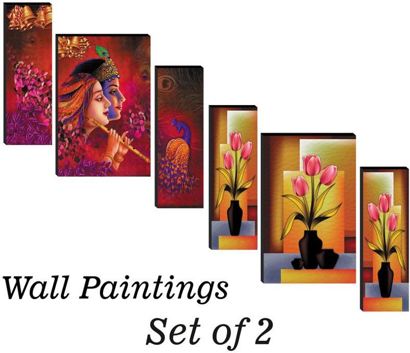 VR Deals Radha krishna and flower pot combo Digital Reprint 18 inch x 12 inch Painting  (Without Frame, Pack of 2)