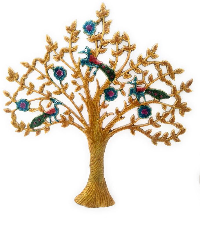 DreamKraft Metal Handmade Golden Tree of Wisdom and Life Wall Hanging Art Decor Sculpture with Birds Sitting on Branches Decorative Showpiece - 40 cm  (Iron, Multicolor)
