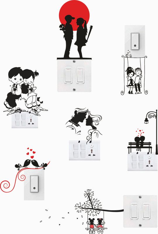 Sticker Hub 15 cm Cute Loving Coupels Switch Board Wall Sticker Self Adhesive Sticker  (Pack of 7)
