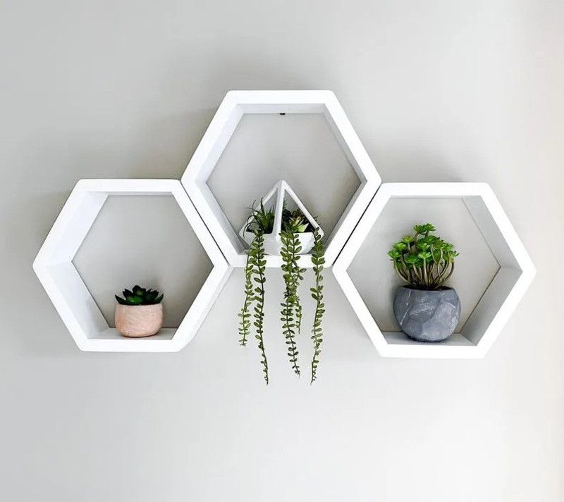 Craftylook wooden hexagonal wall shelves for home decor.  (10 inch X 4 inch, White)