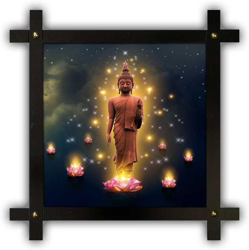 Poster N Frames Cross Wooden Frame Hand-Crafted with photo of Buddha 18129-Crossframe Digital Reprint 16.5 inch x 16.5 inch Painting  (With Frame)