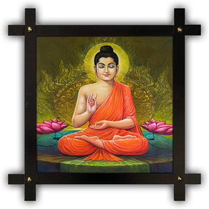 Poster N Frames Cross Wooden Frame Hand-Crafted with photo of Buddha 18165-Crossframe Digital Reprint 16.5 inch x 16.5 inch Painting  (With Frame)