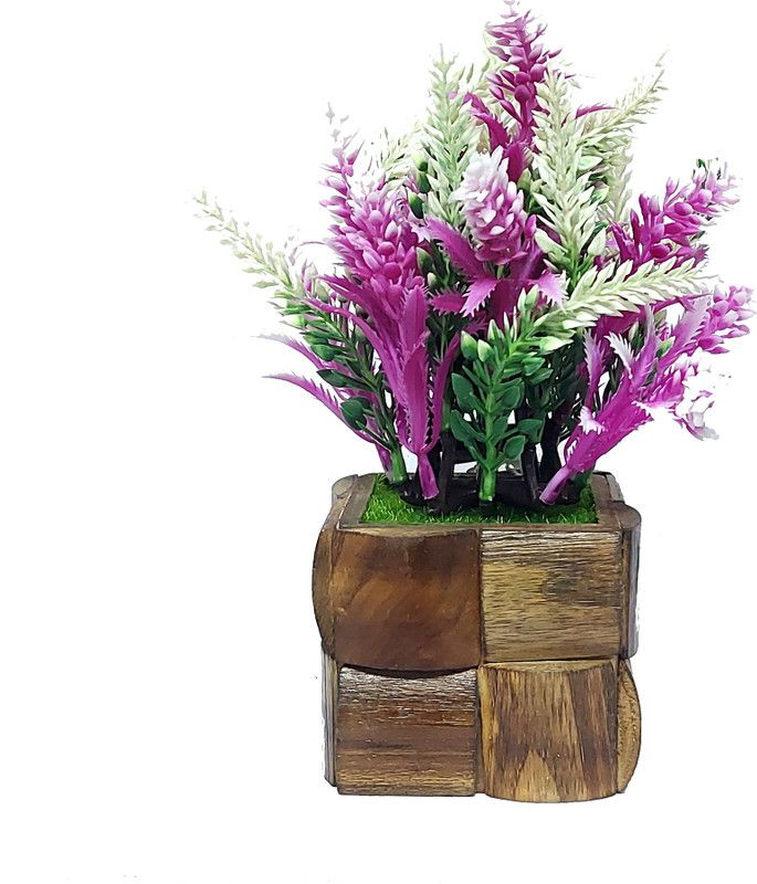 Velgo Hub Bonsai Artificial Flower Pink & White with Wooden Pot … Purple Wild Flower Artificial Flower with Pot  (10 inch, Pack of 1, Flower with Basket)