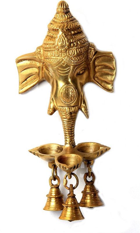 Adaa Elephant trunk brass diya with bells Decorative Showpiece - 24 cm  (Brass, Gold)