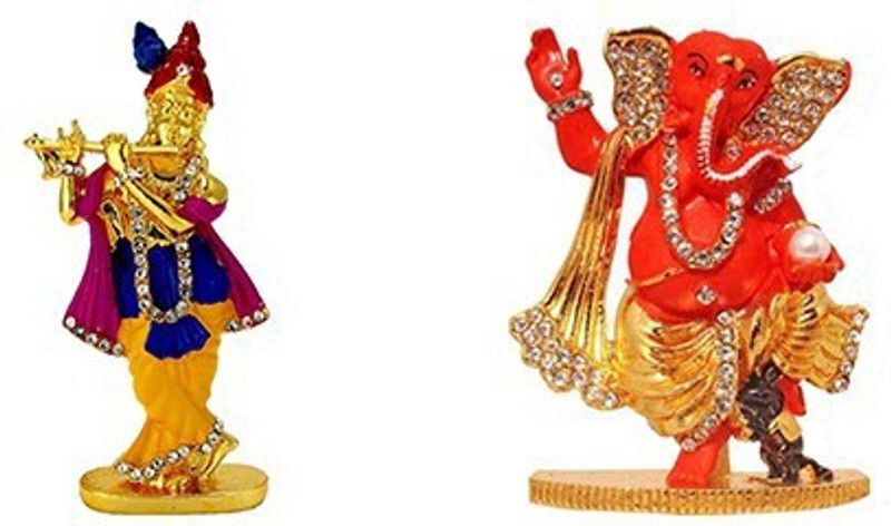 BEI Set of 2 Lord Krishna Idol Krishan statue Showpiece& God Ganesh / Ganpati / Lord Ganesha Idol - Statue Gift item Decorative Showpiece Decorative Showpiece - 8 cm  (Brass, Multicolor)