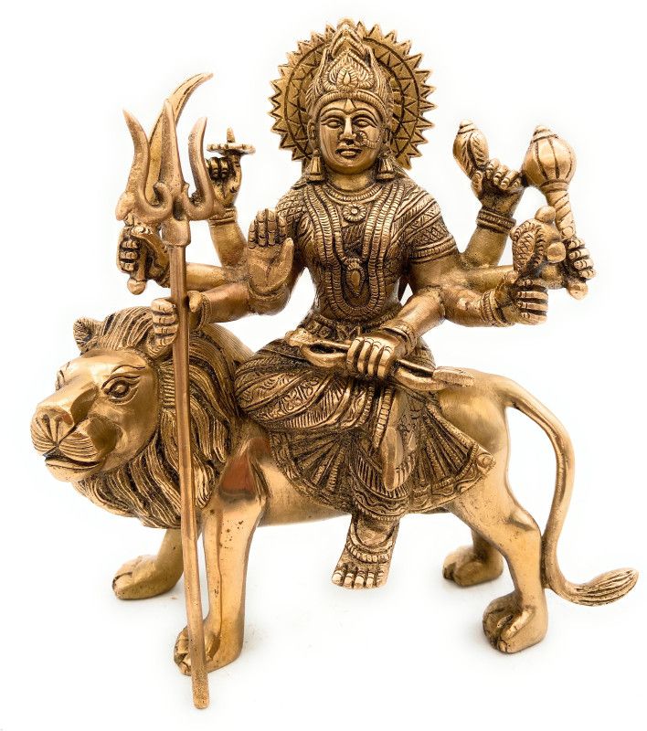 Bhunes Brass Durga Idol |Goddess Durga | Durga Maa | Durga Maa Brass Statue | Goddess Durga Idol For Home | Goddess Durga Statue | Durga Devi Statue For Home | Mandir | Sherawali Decorative Showpiece - 25 cm  (Brass, Gold)