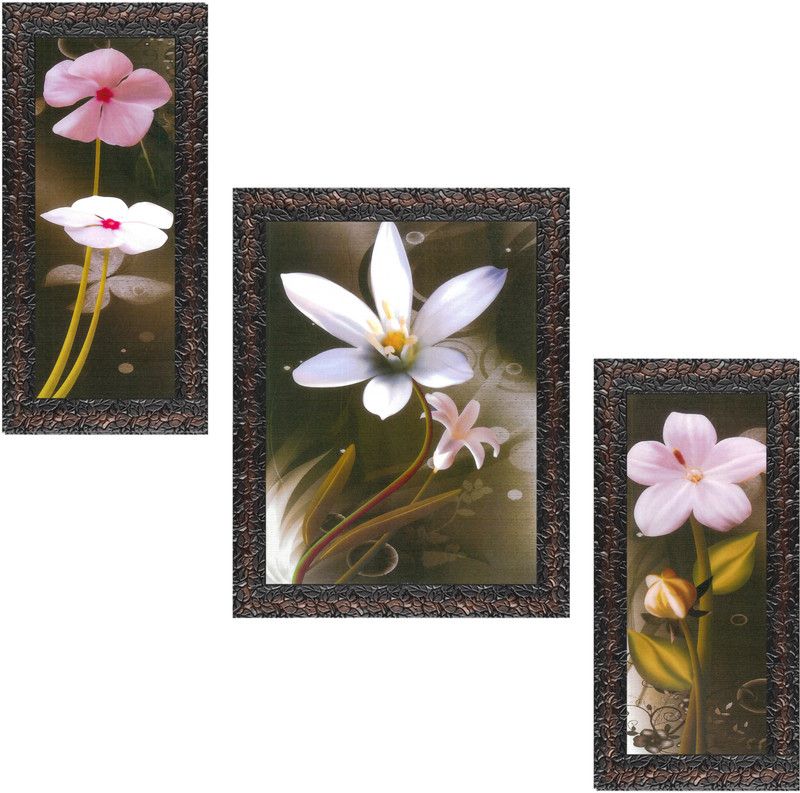 Indianara Set of 3 Abstract Flowers Framed Art Painting (1179GBN) without glass Digital Reprint 13 inch x 10.2 inch Painting  (With Frame, Pack of 3)