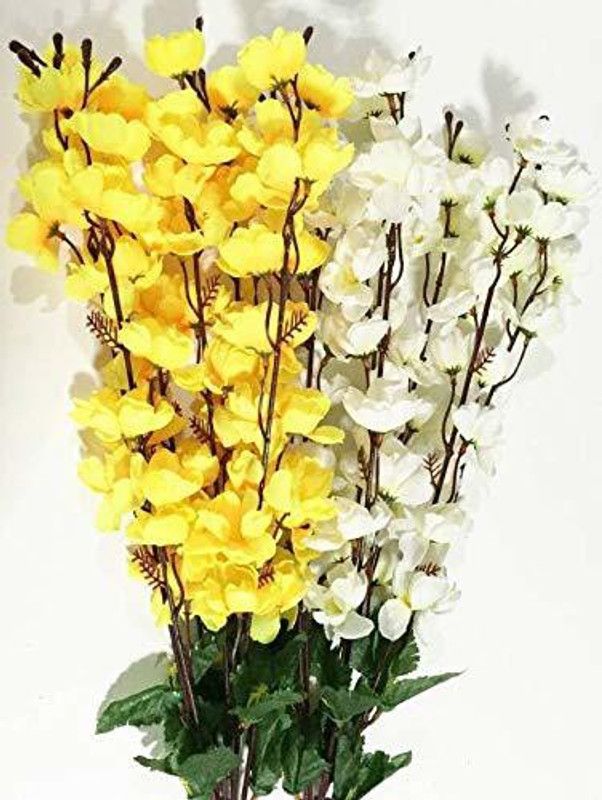 Everbuy White, Yellow Orchids Artificial Flower  (23 inch, Pack of 2, Flower Bunch)