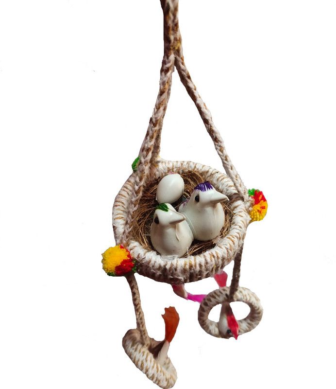 The Shine Store Home Décor Artificial Hanging Bird Nest Combo Decorative Showpiece - 45 cm  (Jute, Plastic, Feather, Multicolor)