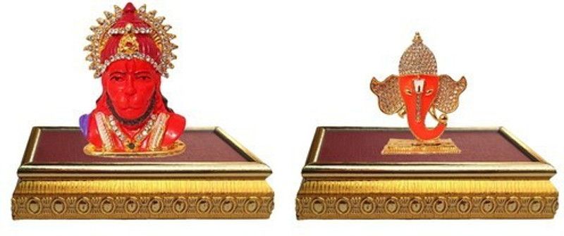9facts Set of 2 with wooden base Lord Hanuman Mandir Home Decor God Statue & God Ganesh / Ganpati / Lord Ganesha Idol - Statue Gift item Decorative Showpiece Decorative Showpiece - 10 cm  (Brass, Multicolor)