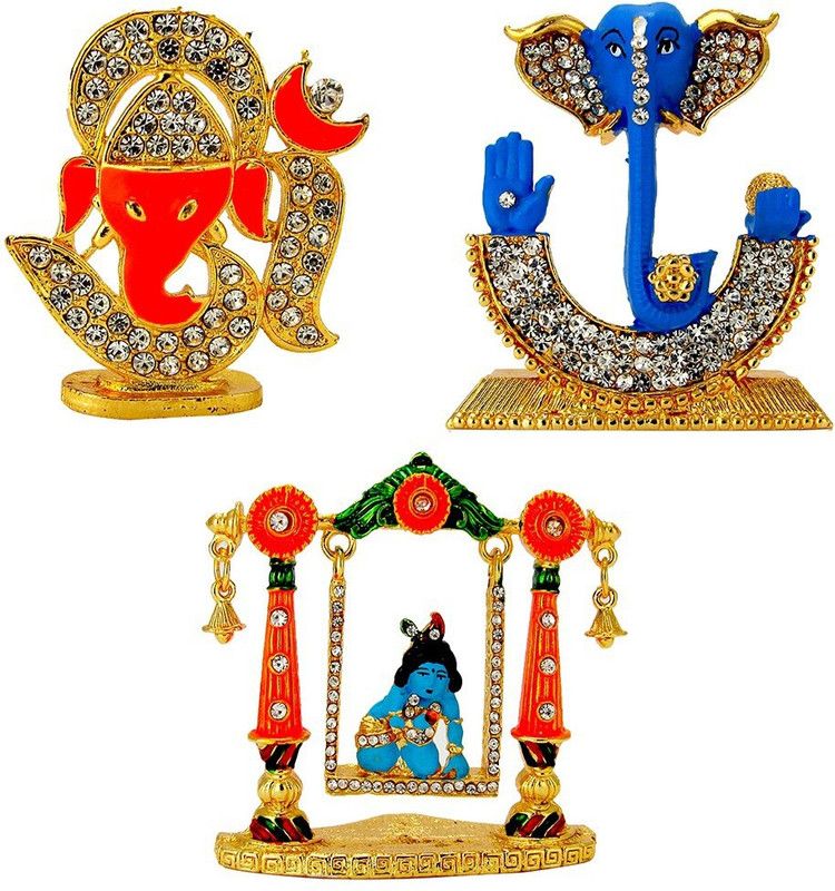 Le Om with Lord | Ganesha Ganesh Ganpati Face (Blue) Krishna (Krishn) Laddu Gopal on Swing Idol / Statue for Home Office Shop Car Dashboard & Gift Decorative Showpiece - 12 cm  (Metal, Multicolor)