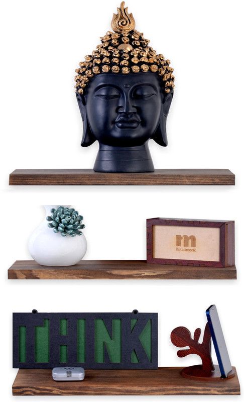 Retailmonk Wooden Pine Floating Shelves Rustic Modern Wall Mounted Storage Shelving Only | Home Decoration Shelves - (14.2 X 5.8 X 0.6 Inches) Wooden Wall Shelf  (Number of Shelves - 3, Brown)