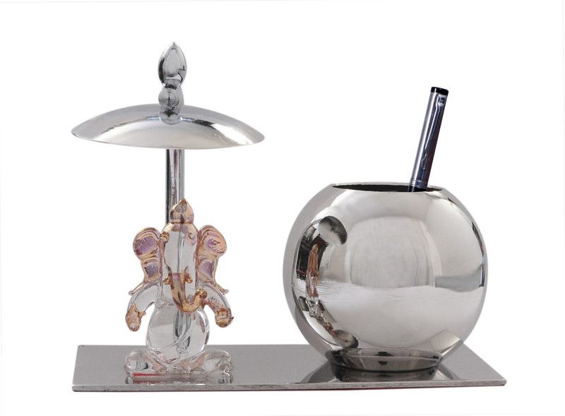 GABA TIME Gaba Time Crystal Lord Ganesha with Brass and stainless steel Pen Stand Decorative Showpiece - 12 cm  (Metal, Multicolor)