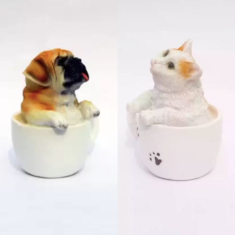 NAYPA Cute Smile Cat & Dog in White Cup Decorative Showpiece - 9 cm  (Polyresin, Multicolor, Brown)