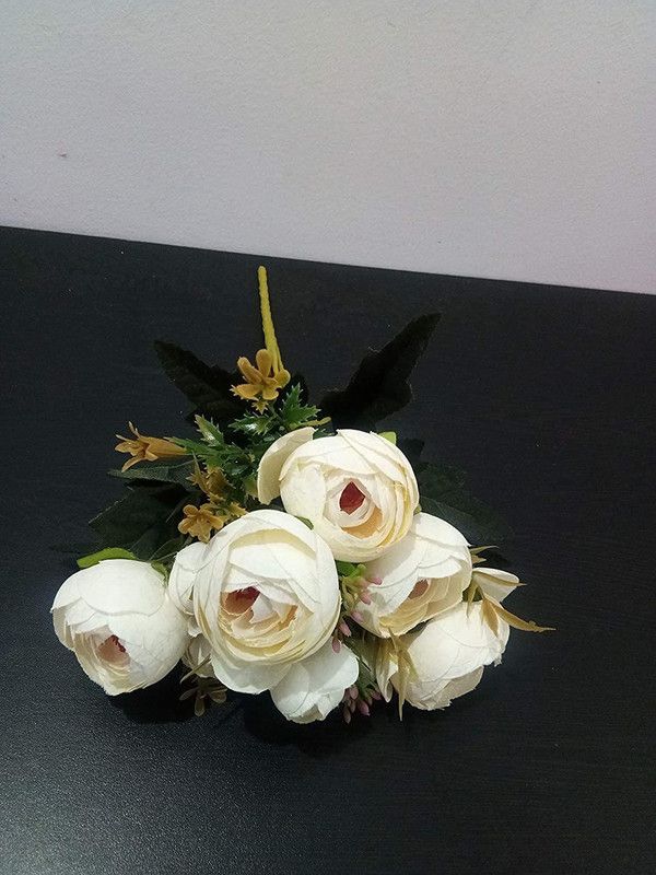 DNEnterprises Artificial White Rose Flowers Bunch (35 cm, 7 Branches) White Rose Artificial Flower  (13 inch, Pack of 1, Flower Bunch)
