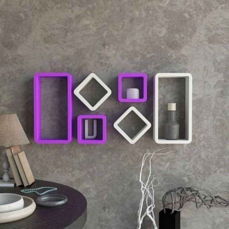 Maaz Handicrafts White And Purple Cube Shape Wall Shelves Set Of 6 Modern Rectangle MDF Wall Shelf  (Number of Shelves - 6, White, Purple)