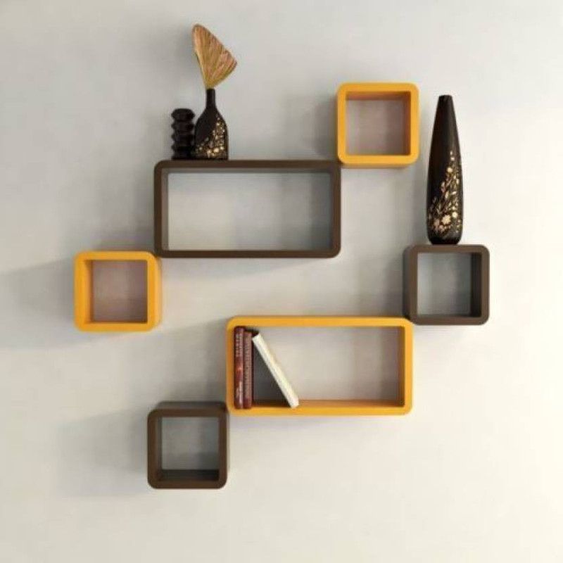 OnlineCraft office wall decor Wooden Wall Shelf  (Number of Shelves - 6, Yellow, Brown, Multicolor)