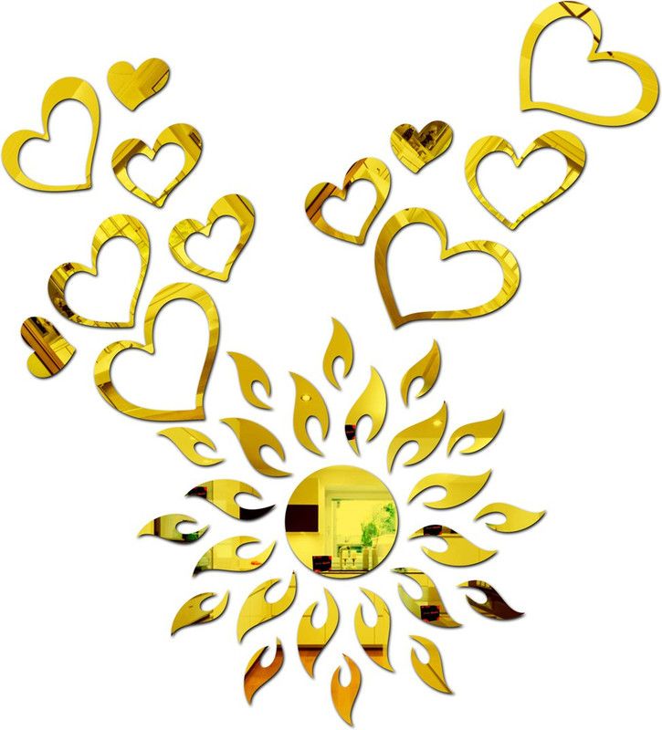 Bikri Kendra 100 cm sun golden with love hearts 2 set golden - 3D acrylic mirror wall stickers Self Adhesive Sticker  (Pack of 1)
